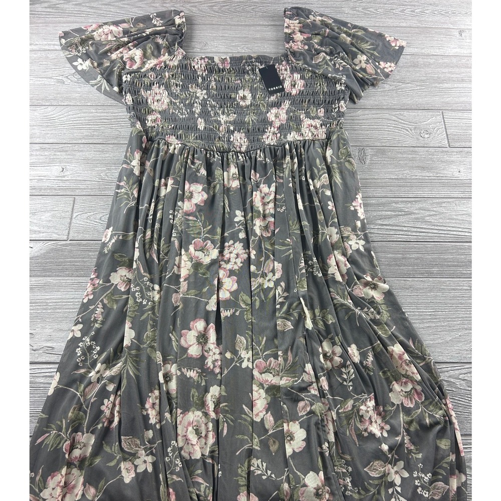 Torrid Grey Floral Mesh Smocked Midi Dress Pink Flowers Short Sleeve Plus Size 2